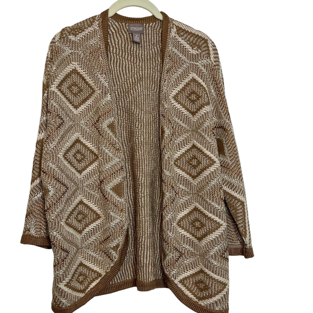 Chicos Womens Cardigan Large Gold Metallic Ivory Beige Open Front Lightweight